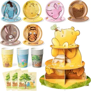 Winnie Themed Party Supplies - 90PCS Winnie Plates Napkins Cups Party Set for 30 Guests and 3 Tier Winnie Party Dessert Holder for Baby Show Birthday Party Supplies