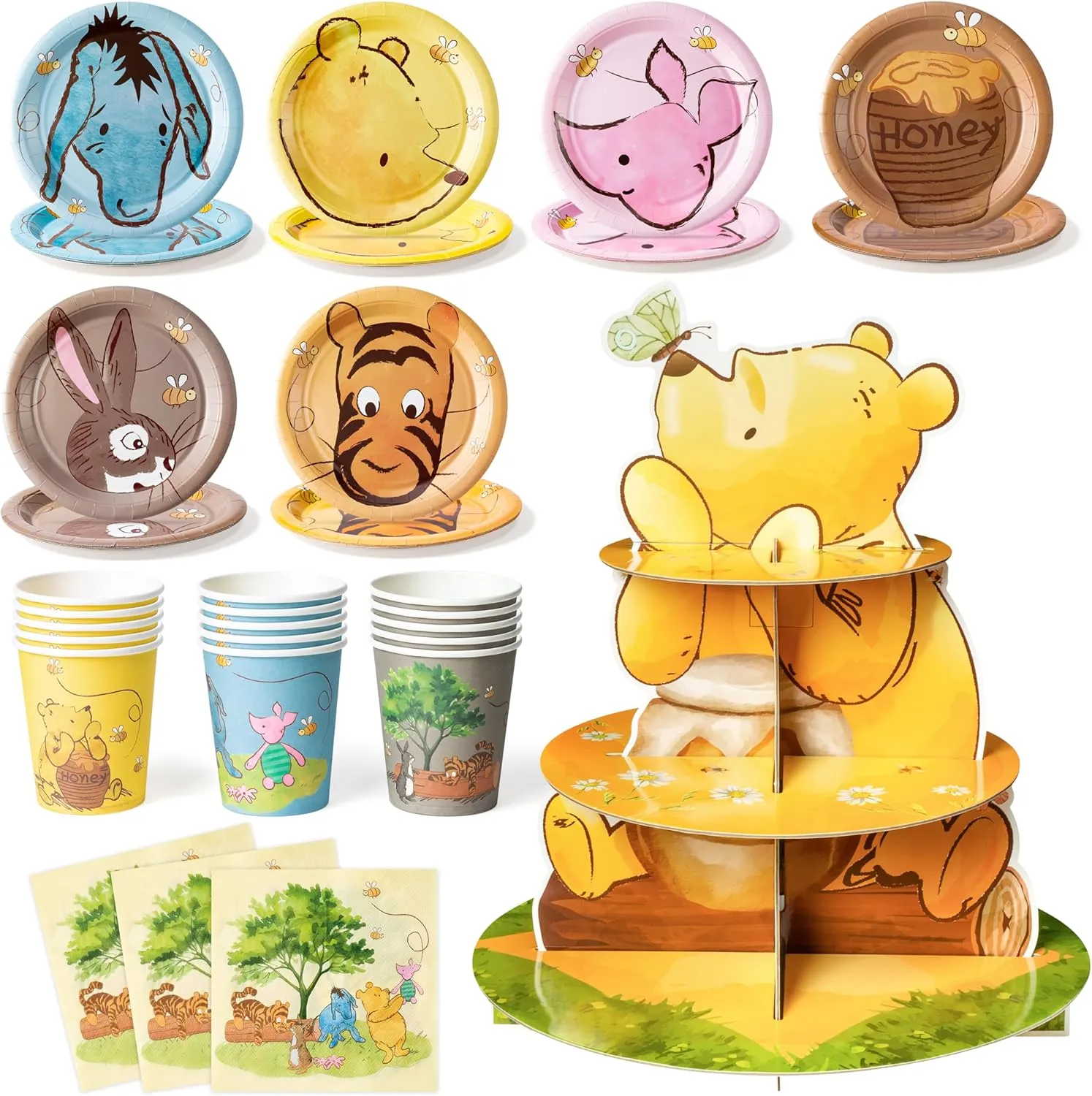 Winnie Themed Party Supplies - 90PCS Winnie Plates Napkins Cups Party Set for 30 Guests and 3 Tier Winnie Party Dessert Holder for Baby Show Birthday Party Supplies