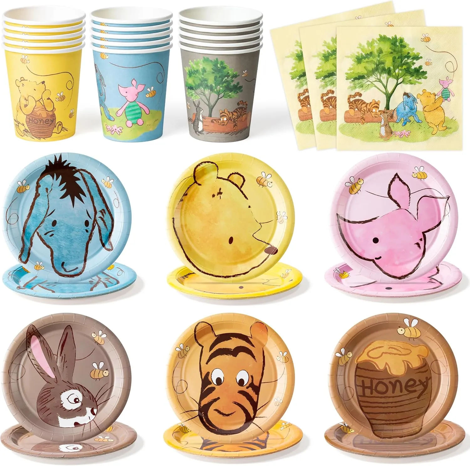 Winnie Themed Party Tableware - 90PCS Winnie Plates Napkins Cups Party Set for 30 Guests Winnie Baby Show Table Decoration Winnie Theme Disposable Dinnerware for Birthday Party Supplies