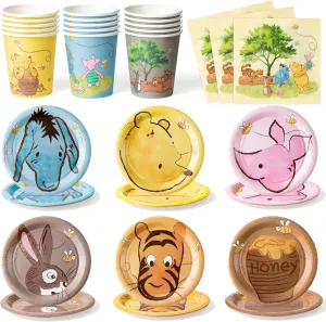 Winnie Themed Party Tableware - 90PCS Winnie Plates Napkins Cups Party Set for 30 Guests Winnie Baby Show Table Decoration Winnie Theme Disposable Dinnerware for Birthday Party Supplies