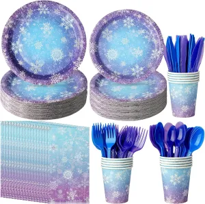 Winter Snowflake Paper Plates and Napkins Set, Blue and Purple Snowflake Winter Wonderland Disposable Tableware for Christmas Winter Holiday New Year Birthday Party Supplies Decorations, Serve 50