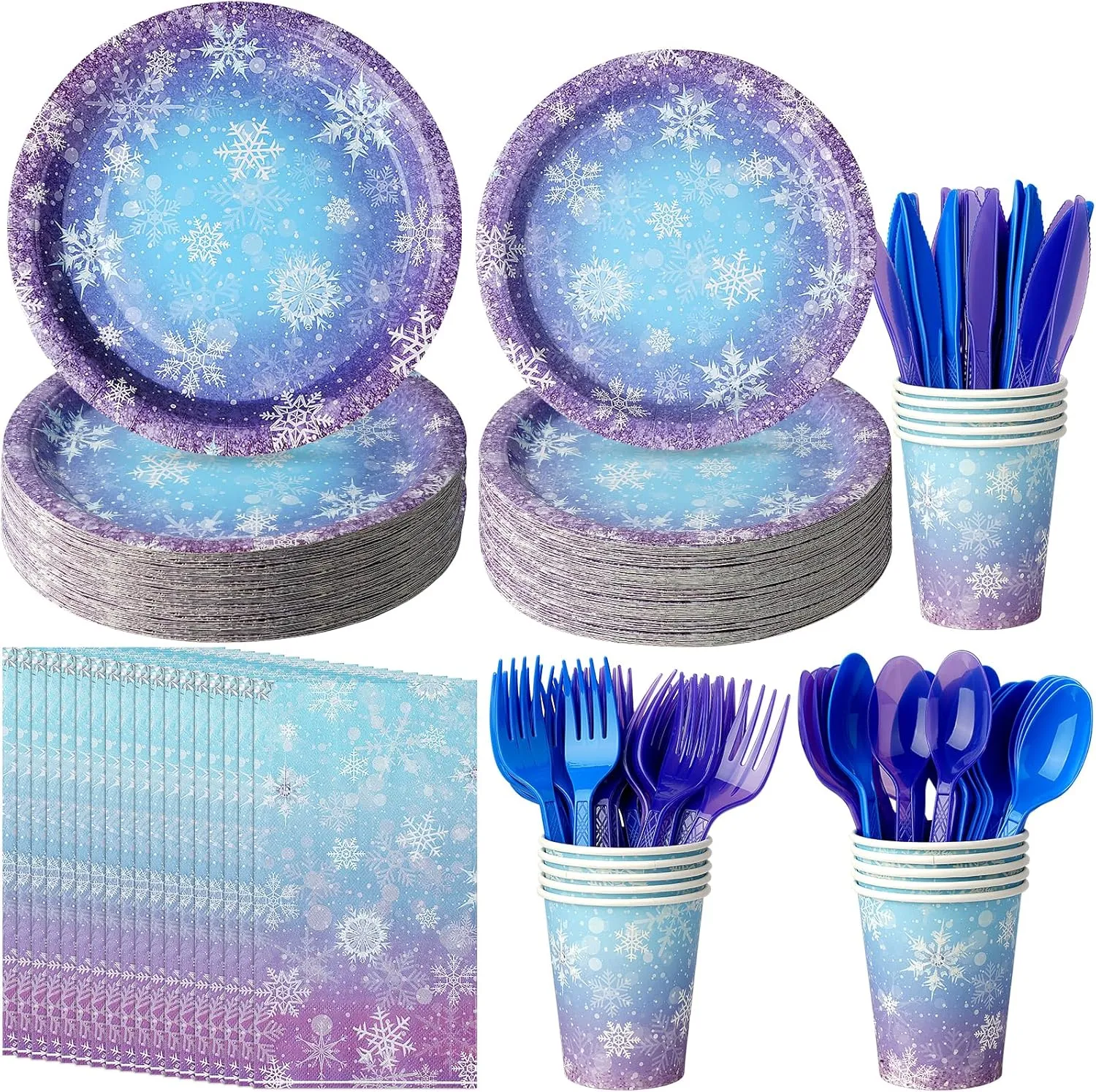 Winter Snowflake Paper Plates and Napkins Set, Blue and Purple Snowflake Winter Wonderland Disposable Tableware for Christmas Winter Holiday New Year Birthday Party Supplies Decorations, Serve 50