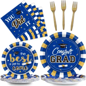 Wiooffen 24 Guests Graduation Party Plates Napkins Supplies Set Congrats Grad Class of 2025 Disposable Dinnerware Tableware Grad Party Decoration Favors,Blue and Gold