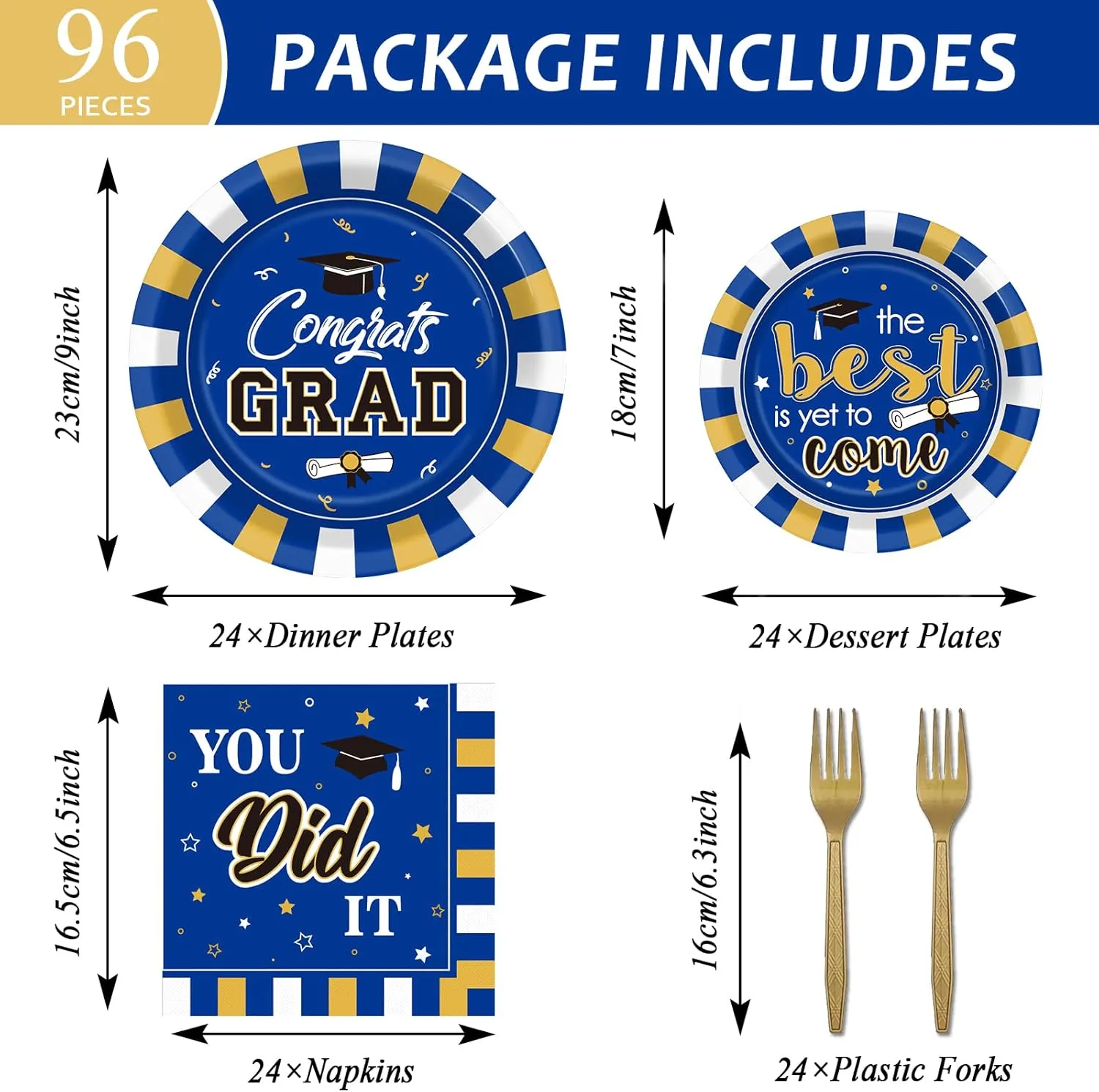 Wiooffen 24 Guests Graduation Party Plates Napkins Supplies Set Congrats Grad Class of 2025 Disposable Dinnerware Tableware Grad Party Decoration Favors,Blue and Gold