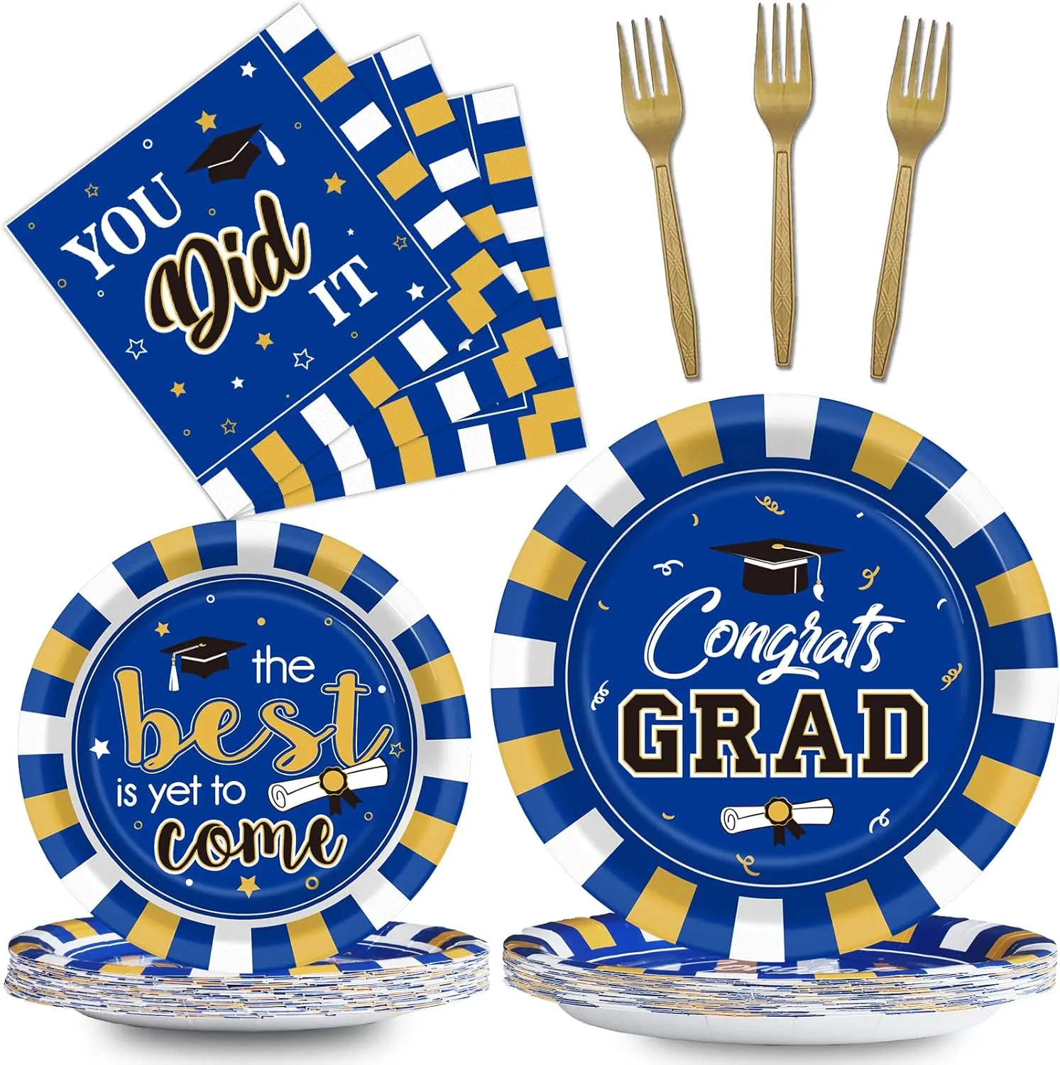 Wiooffen 24 Guests Graduation Party Plates Napkins Supplies Set Congrats Grad Class of 2025 Disposable Dinnerware Tableware Grad Party Decoration Favors,Blue and Gold