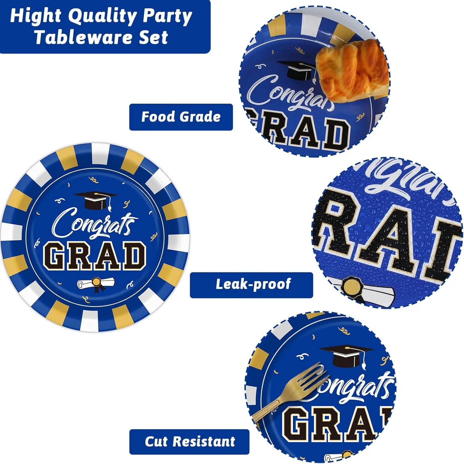 Wiooffen 24 Guests Graduation Party Plates Napkins Supplies Set Congrats Grad Class of 2025 Disposable Dinnerware Tableware Grad Party Decoration Favors,Blue and Gold