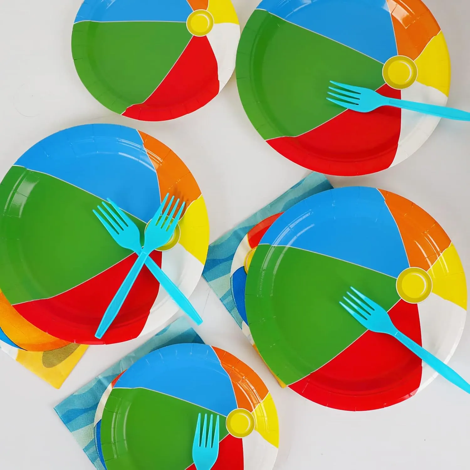 Wiooffen 48pcs Beach Ball Party Paper Plates Supplies 7" Summer Pool Ball Party Tableware Beach Birthday Party Favors Baby Showers Holidays Decorations