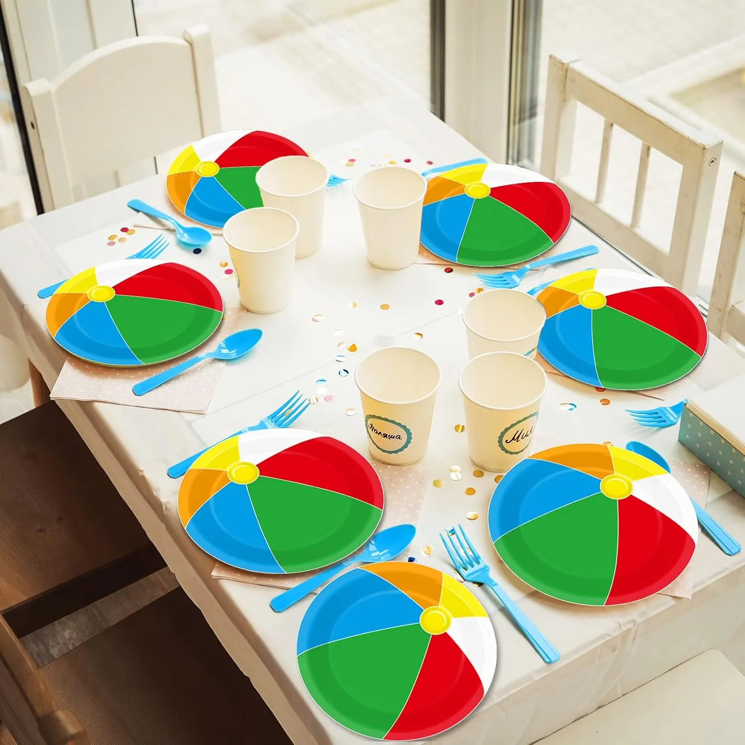 Wiooffen 48pcs Beach Ball Party Paper Plates Supplies 7" Summer Pool Ball Party Tableware Beach Birthday Party Favors Baby Showers Holidays Decorations