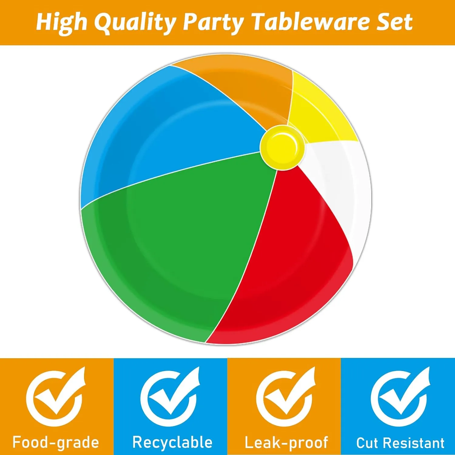 Wiooffen 48pcs Beach Ball Party Paper Plates Supplies 7" Summer Pool Ball Party Tableware Beach Birthday Party Favors Baby Showers Holidays Decorations