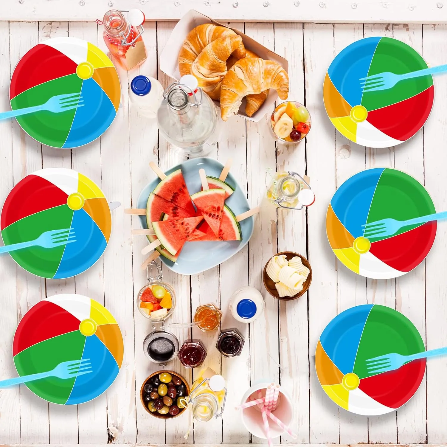 Wiooffen 48pcs Beach Ball Party Paper Plates Supplies 7" Summer Pool Ball Party Tableware Beach Birthday Party Favors Baby Showers Holidays Decorations
