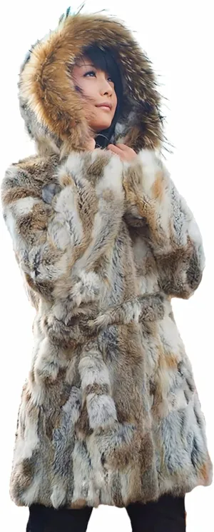 Women's Genuine Rabbit Fur Coat with Raccoon Fur Trim Hood Winter Jacket