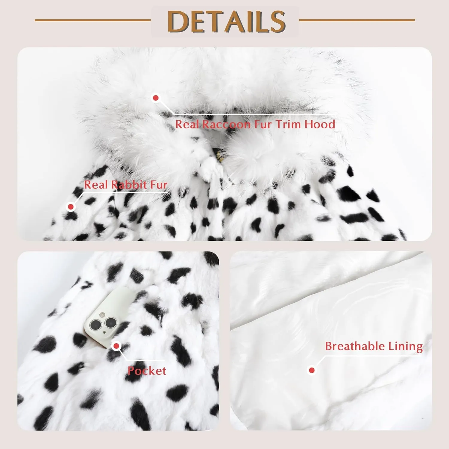Women's Genuine Rabbit Fur Coat with Raccoon Fur Trim Hood Winter Jacket