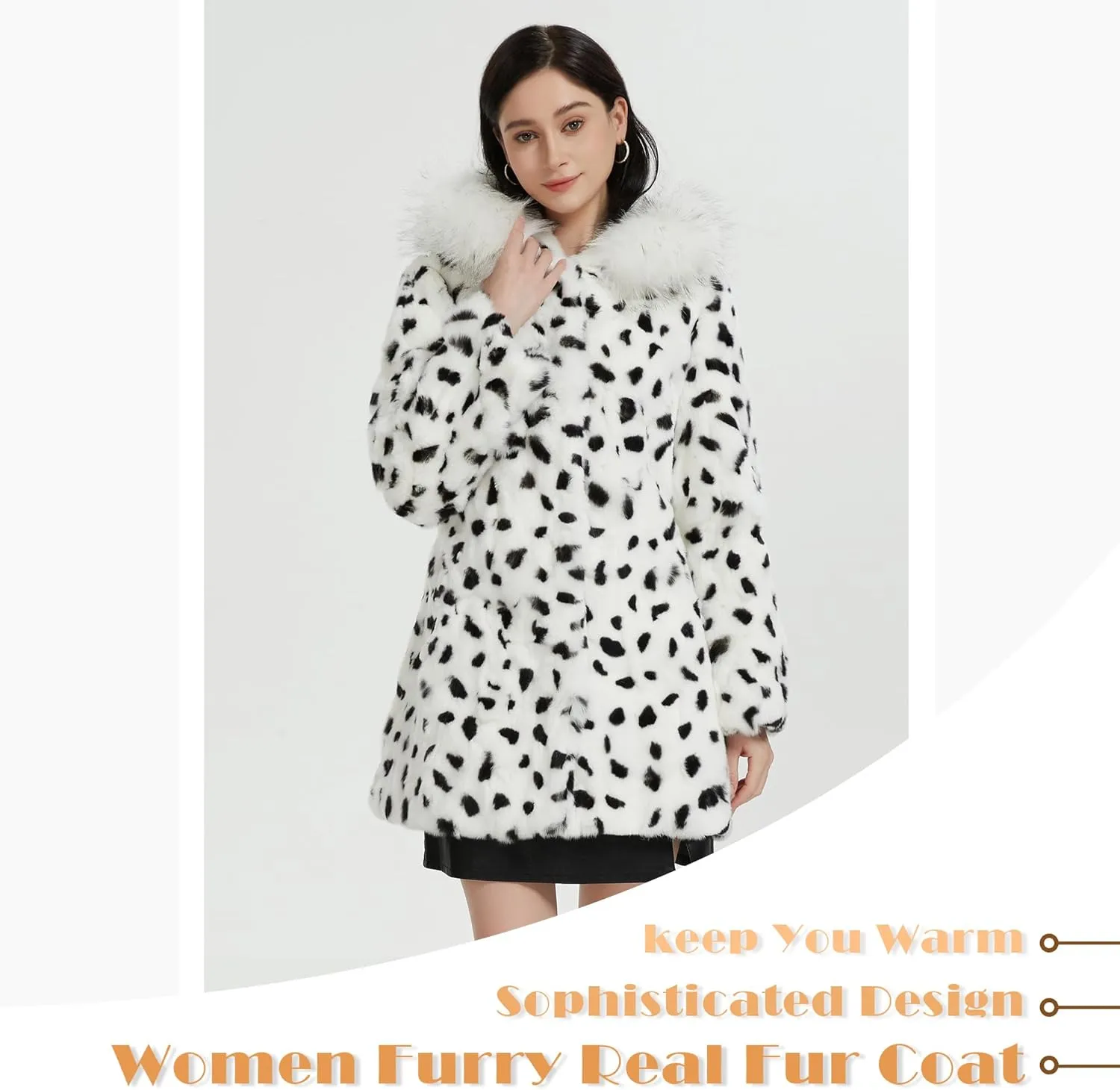 Women's Genuine Rabbit Fur Coat with Raccoon Fur Trim Hood Winter Jacket