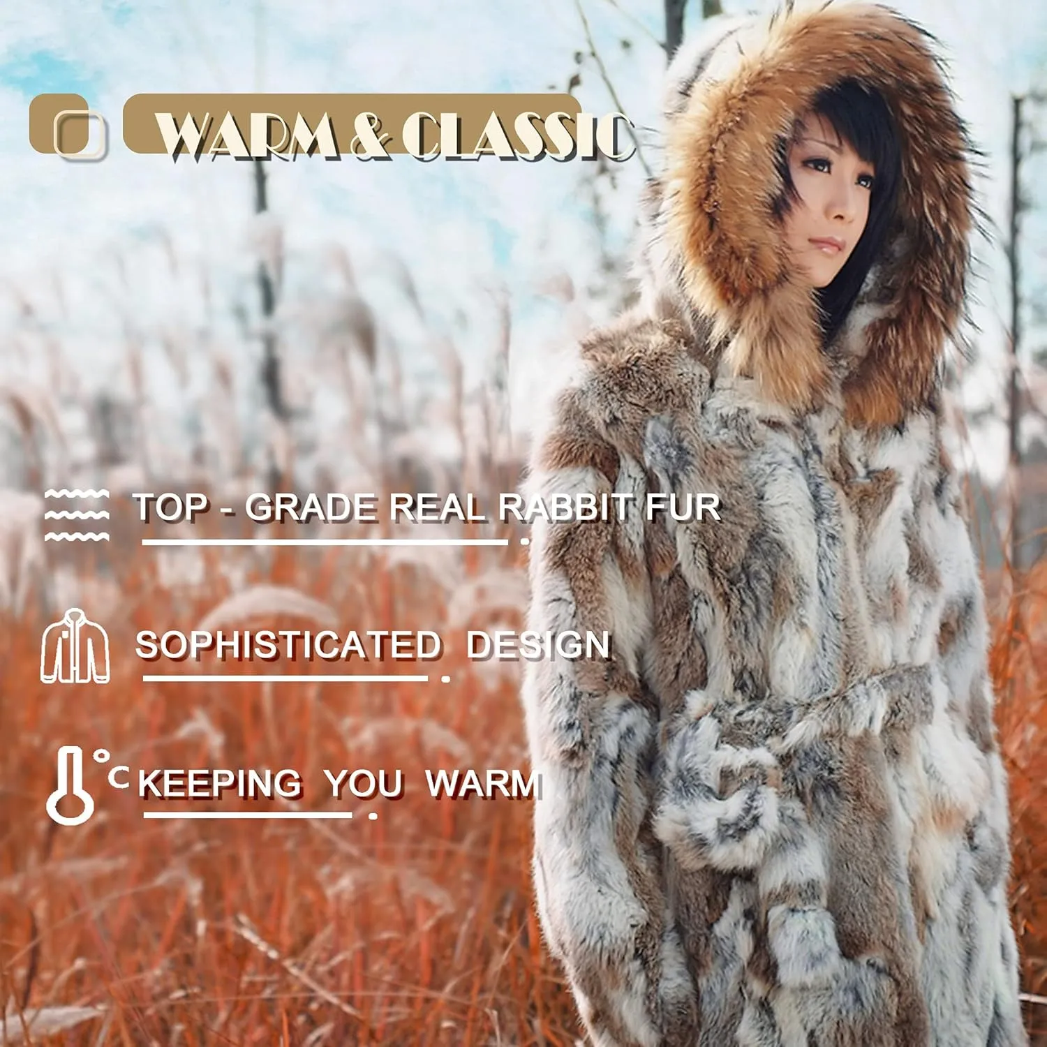 Women's Genuine Rabbit Fur Coat with Raccoon Fur Trim Hood Winter Jacket