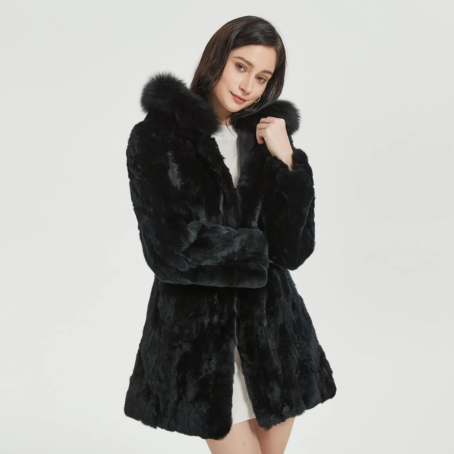 Women's Genuine Rabbit Fur Coat with Raccoon Fur Trim Hood Winter Jacket