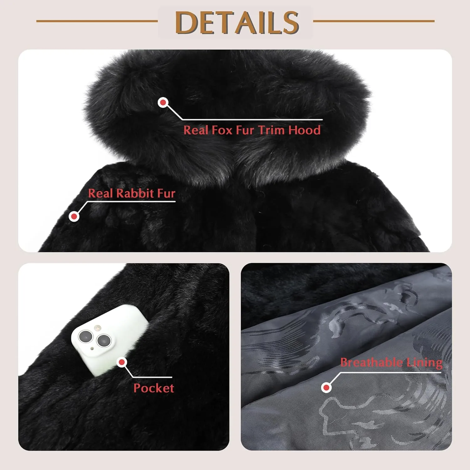 Women's Genuine Rabbit Fur Coat with Raccoon Fur Trim Hood Winter Jacket