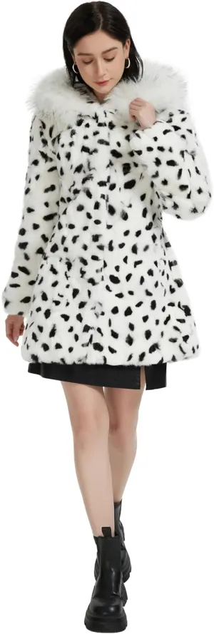 Women's Genuine Rabbit Fur Coat with Raccoon Fur Trim Hood Winter Jacket