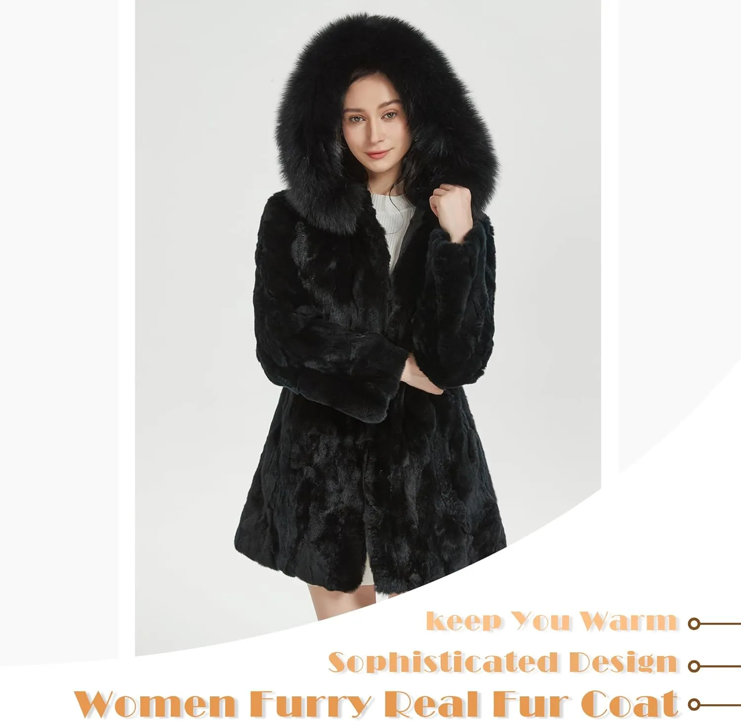 Women's Genuine Rabbit Fur Coat with Raccoon Fur Trim Hood Winter Jacket