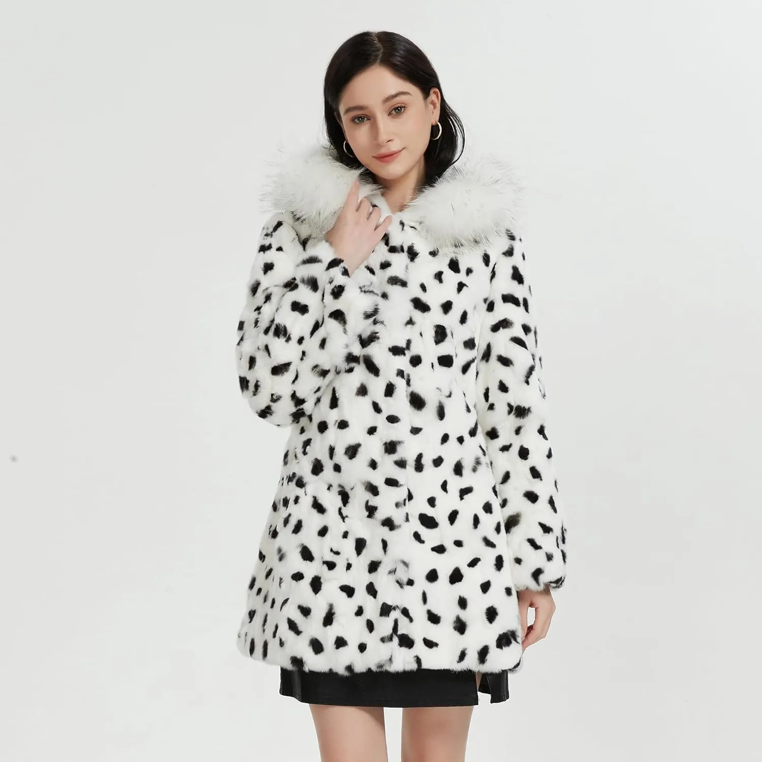 Women's Genuine Rabbit Fur Coat with Raccoon Fur Trim Hood Winter Jacket