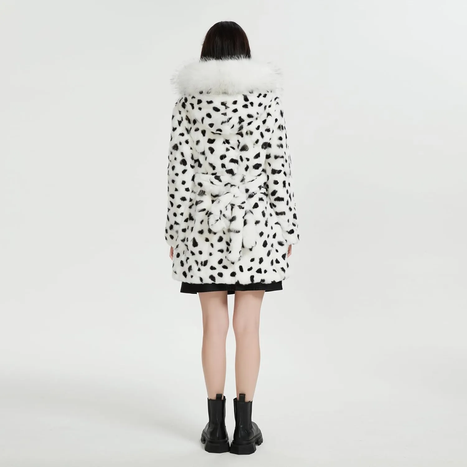 Women's Genuine Rabbit Fur Coat with Raccoon Fur Trim Hood Winter Jacket
