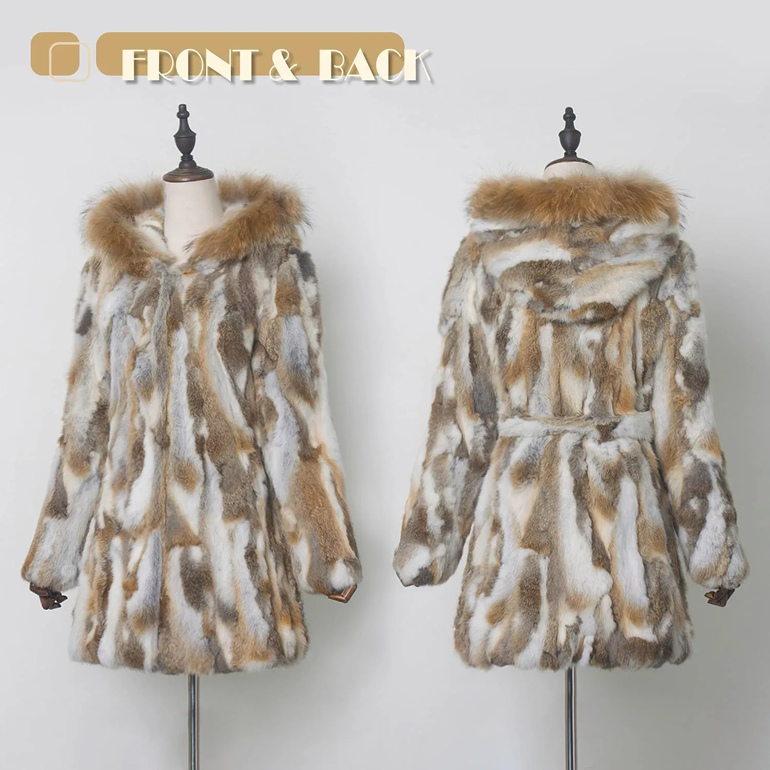 Women's Genuine Rabbit Fur Coat with Raccoon Fur Trim Hood Winter Jacket