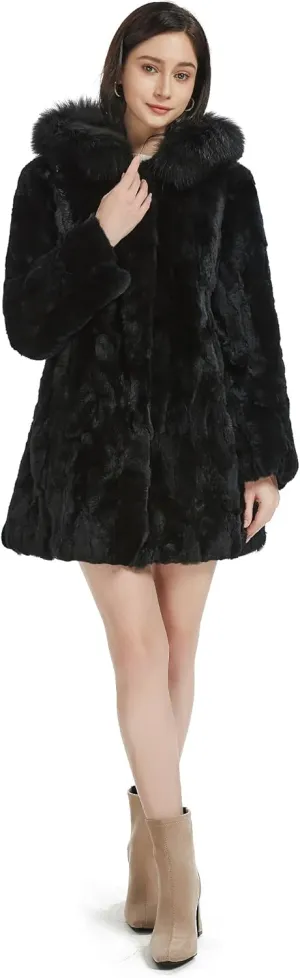 Women's Genuine Rabbit Fur Coat with Raccoon Fur Trim Hood Winter Jacket
