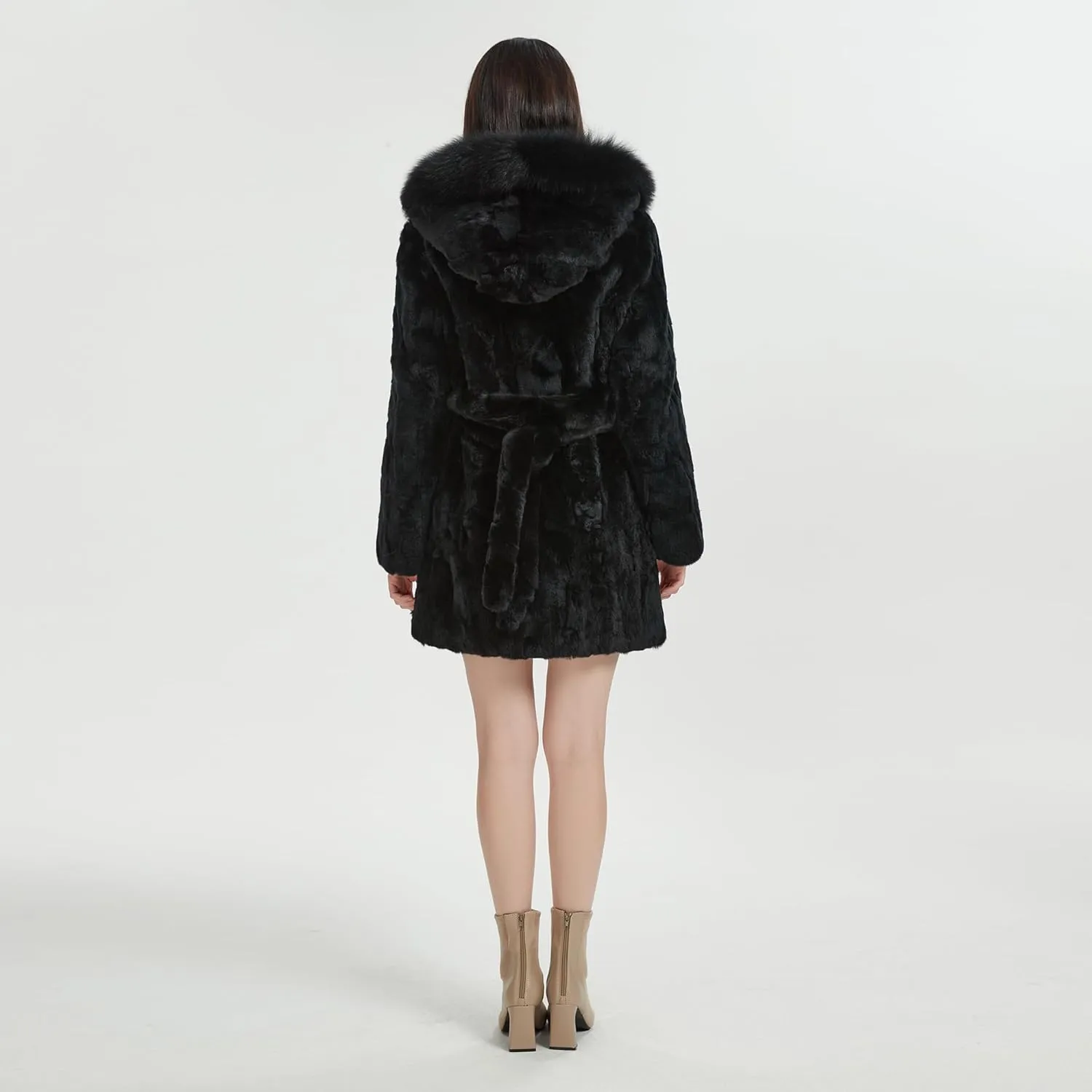 Women's Genuine Rabbit Fur Coat with Raccoon Fur Trim Hood Winter Jacket