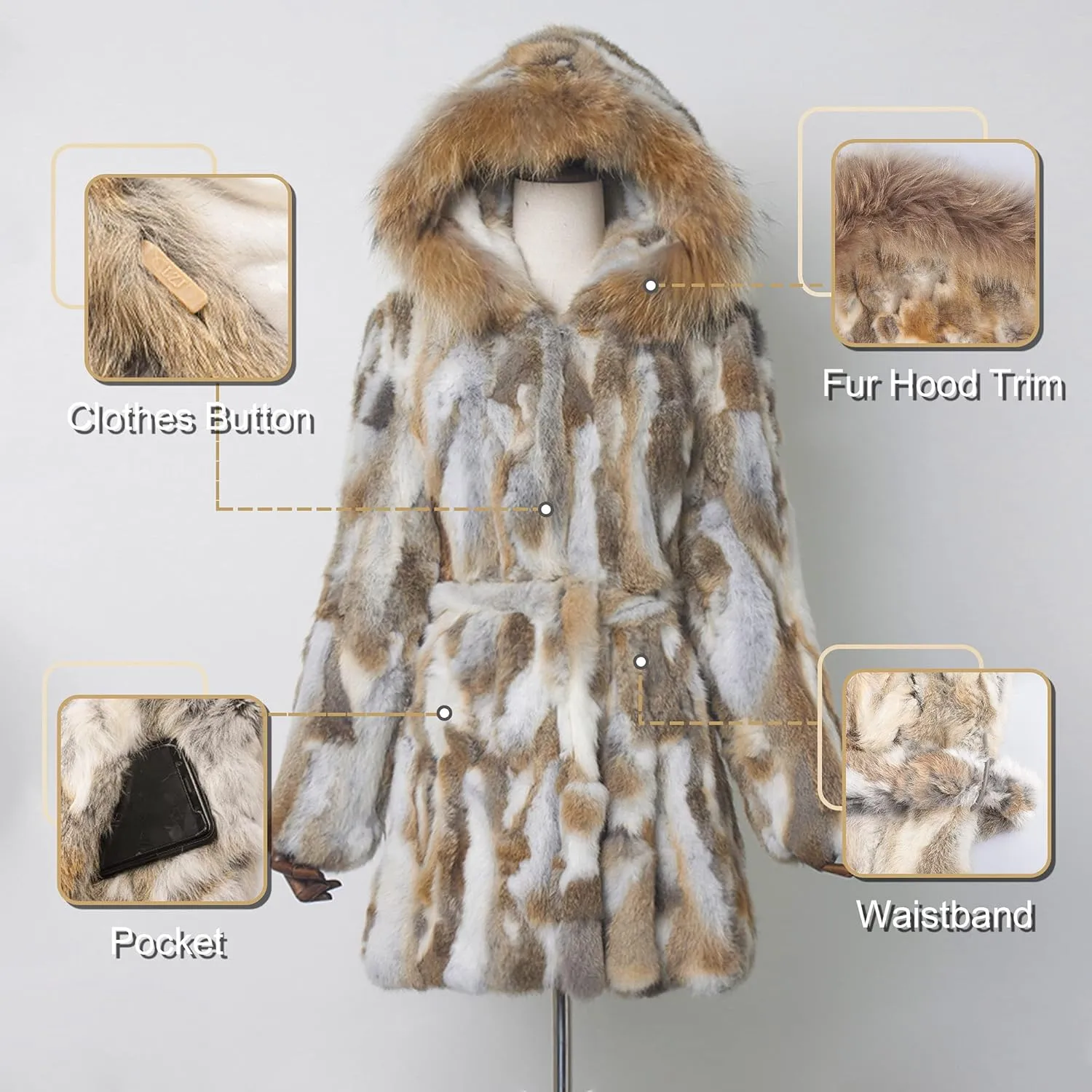 Women's Genuine Rabbit Fur Coat with Raccoon Fur Trim Hood Winter Jacket
