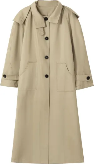 Women's Single Breasted Classic Solid Color Cotton Linen Long Hooded Trench Coat