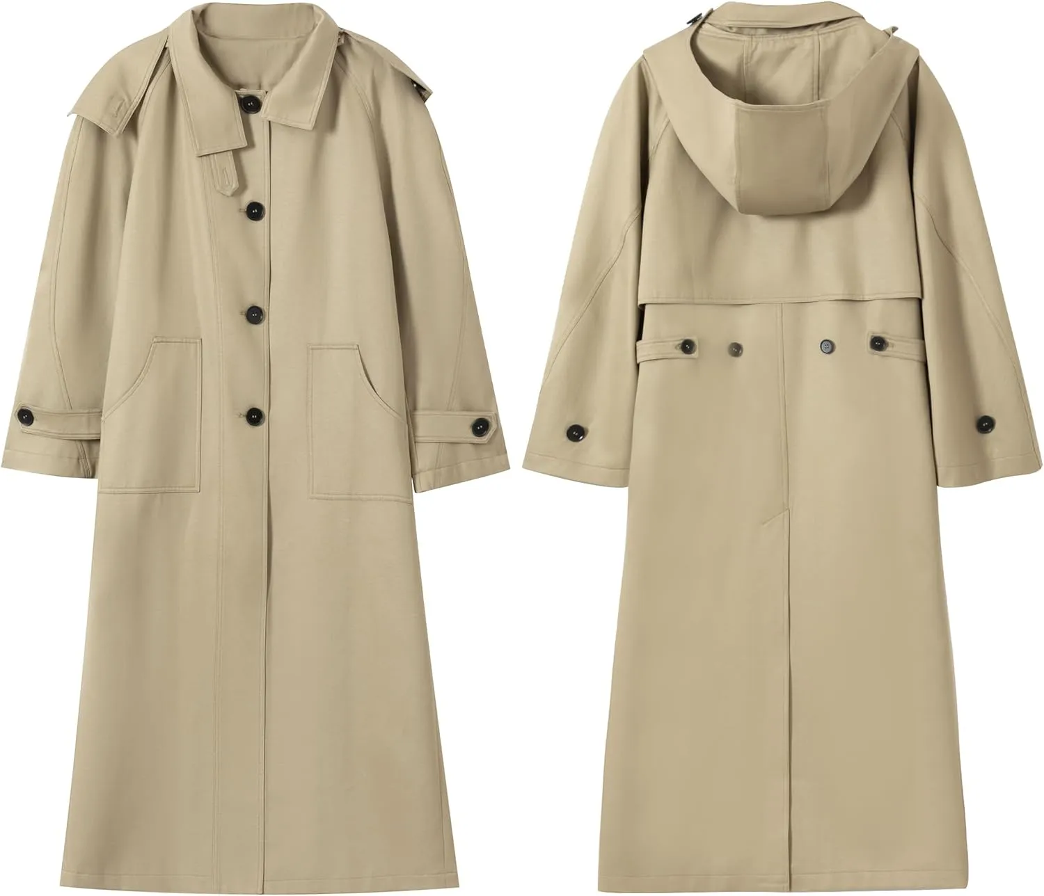Women's Single Breasted Classic Solid Color Cotton Linen Long Hooded Trench Coat