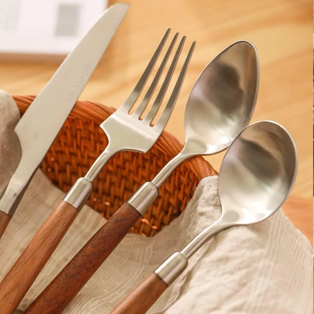 Wood Silverware Set for 4 Wooden Flatware Cutlery Utensils Set 18/10 Stainless Steel Walnut Handle 16 Piece Tableware Set for Home Kitchen Wedding Restaurant