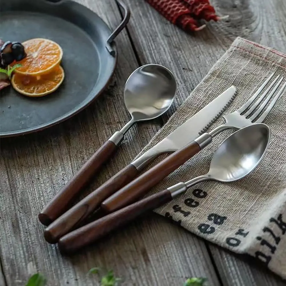 Wood Silverware Set for 4 Wooden Flatware Cutlery Utensils Set 18/10 Stainless Steel Walnut Handle 16 Piece Tableware Set for Home Kitchen Wedding Restaurant