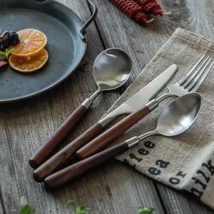 Wood Silverware Set for 4 Wooden Flatware Cutlery Utensils Set 18/10 Stainless Steel Walnut Handle 16 Piece Tableware Set for Home Kitchen Wedding Restaurant