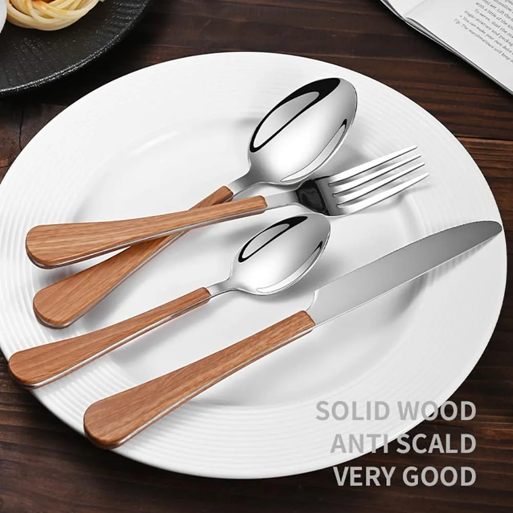 Wood Silverware Set for 8 Flatware Sets Stainless Steel Wooden Grain Handle Cutlery 32 Piece Tableware Utensils Set for Home Kitchen Restaurant Wedding Mirror Pololished