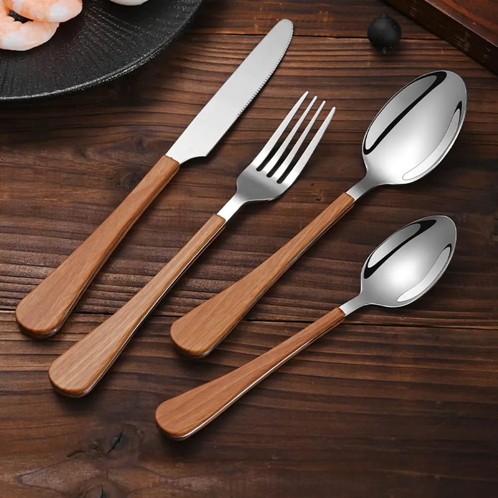 Wood Silverware Set for 8 Flatware Sets Stainless Steel Wooden Grain Handle Cutlery 32 Piece Tableware Utensils Set for Home Kitchen Restaurant Wedding Mirror Pololished
