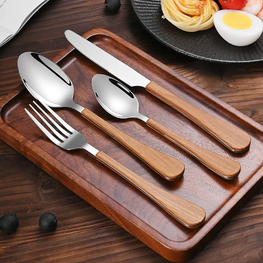 Wood Silverware Set for 8 Flatware Sets Stainless Steel Wooden Grain Handle Cutlery 32 Piece Tableware Utensils Set for Home Kitchen Restaurant Wedding Mirror Pololished
