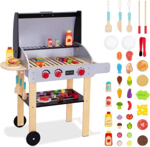 Wooden Play Barbecue Toy Grill, Kids Grill Playset with Toy Food and Grilling Tools, Play Kitchen Accessories for Toddlers Boys Girls Age 3 