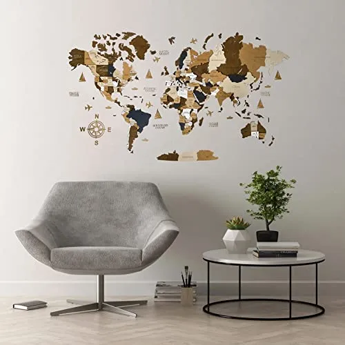 Wooden World Map 3D Art Large Wall Decor - Size (M &amp; L &amp; XL) Any Occasion Gift Idea - Wall Art For Home &amp; Kitchen or Office (COFFEE, 83,86" x 44,49")