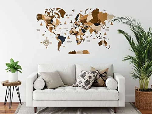 Wooden World Map 3D Art Large Wall Decor - Size (M &amp; L &amp; XL) Any Occasion Gift Idea - Wall Art For Home &amp; Kitchen or Office (COFFEE, 83,86" x 44,49")