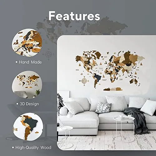 Wooden World Map 3D Art Large Wall Decor - Size (M &amp; L &amp; XL) Any Occasion Gift Idea - Wall Art For Home &amp; Kitchen or Office (COFFEE, 83,86" x 44,49")