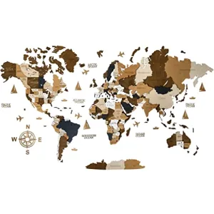 Wooden World Map 3D Art Large Wall Decor - Size (M &amp; L &amp; XL) Any Occasion Gift Idea - Wall Art For Home &amp; Kitchen or Office (COFFEE, 83,86" x 44,49")