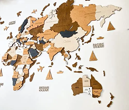Wooden World Map 3D Art Large Wall Decor - Size (M &amp; L &amp; XL) Any Occasion Gift Idea - Wall Art For Home &amp; Kitchen or Office (COFFEE, 83,86" x 44,49")