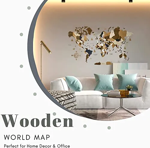 Wooden World Map 3D Art Large Wall Decor - Size (M &amp; L &amp; XL) Any Occasion Gift Idea - Wall Art For Home &amp; Kitchen or Office (COFFEE, 83,86" x 44,49")