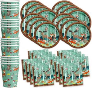 Woodland Animals Birthday Party Supplies Set Plates Napkins Cups Tableware Kit for 16