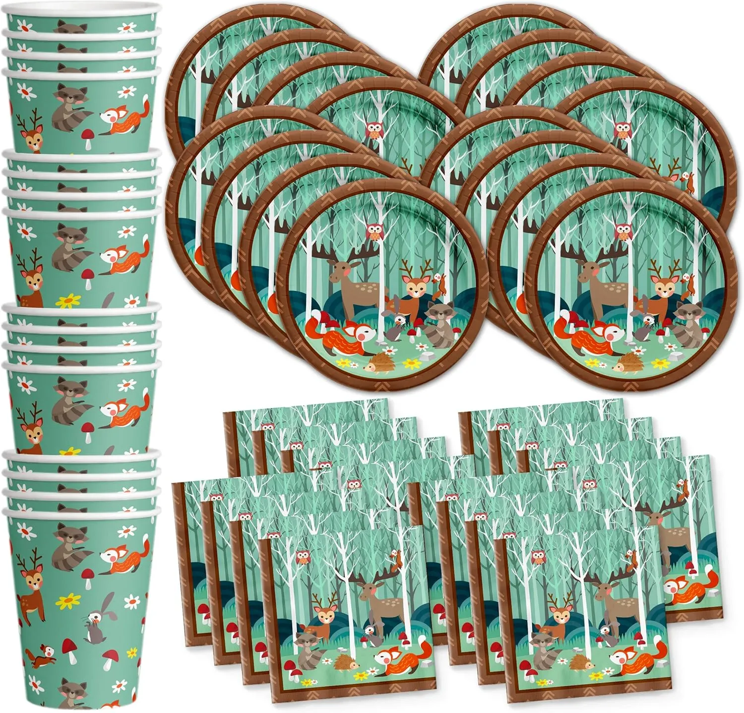Woodland Animals Birthday Party Supplies Set Plates Napkins Cups Tableware Kit for 16