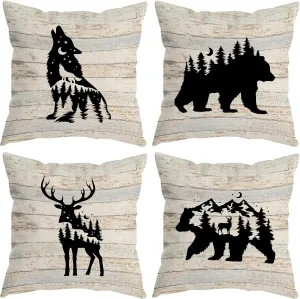 Woodland Wild Animal Wolf Elk Bear Deer Forest Camping Throw Pillow Covers, Wildlife Lover Camper Gifts for Men Women, Wildlife Rustic Pillow Cases 18 x 18 Inch Home Room Bed Sofa Decor Set Of 4
