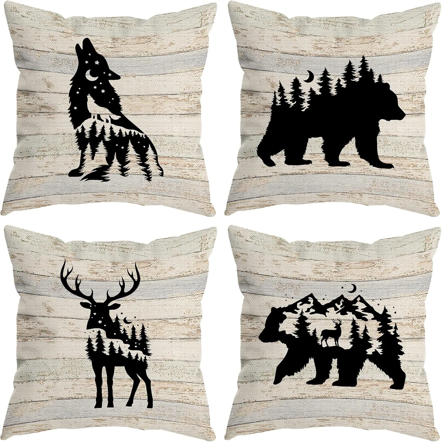 Woodland Wild Animal Wolf Elk Bear Deer Forest Camping Throw Pillow Covers, Wildlife Lover Camper Gifts for Men Women, Wildlife Rustic Pillow Cases 18 x 18 Inch Home Room Bed Sofa Decor Set Of 4