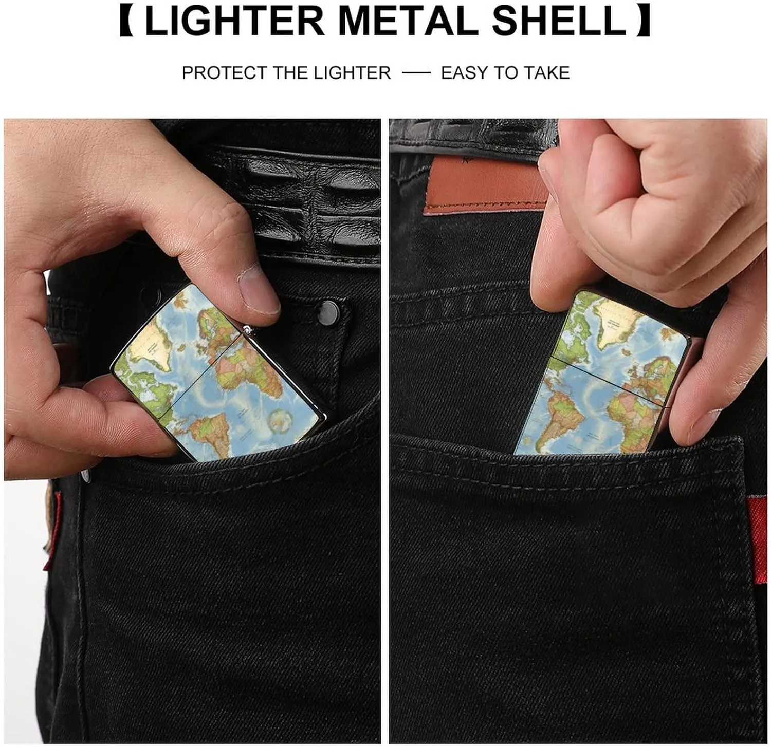 World Map Lighter Case Double-Sided Graffiti Lighter Holder - Metal Lighters Protective Cover, Universal Fit for Standard Lighters, Stylish Gift for Men & Women