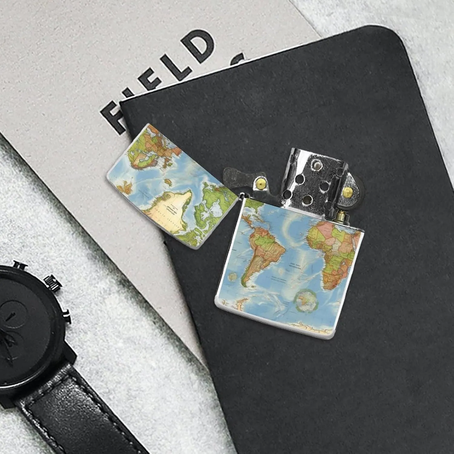 World Map Lighter Case Double-Sided Graffiti Lighter Holder - Metal Lighters Protective Cover, Universal Fit for Standard Lighters, Stylish Gift for Men & Women