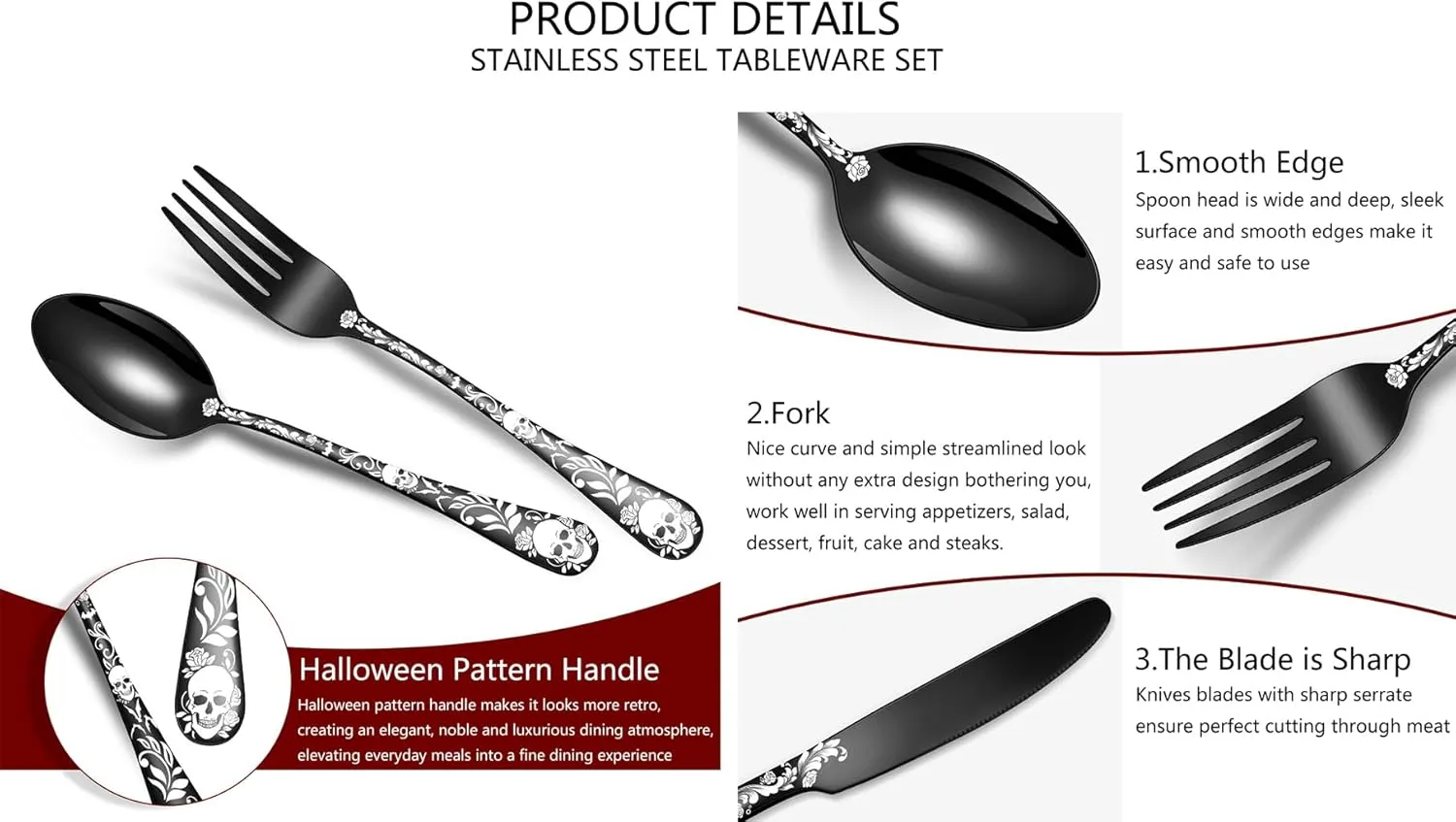 XIAOYU Halloween Skeleton Silverware Set, 24 Piece Stainless Steel Flatware Set Service for 6, Gothic Skull Cutlery Set Utensils for Halloween Easter Christmas, Silver
